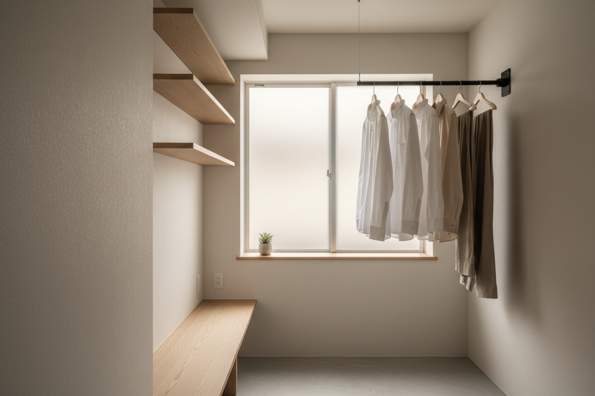 部屋になじむ室内物干しと、風が通る配置