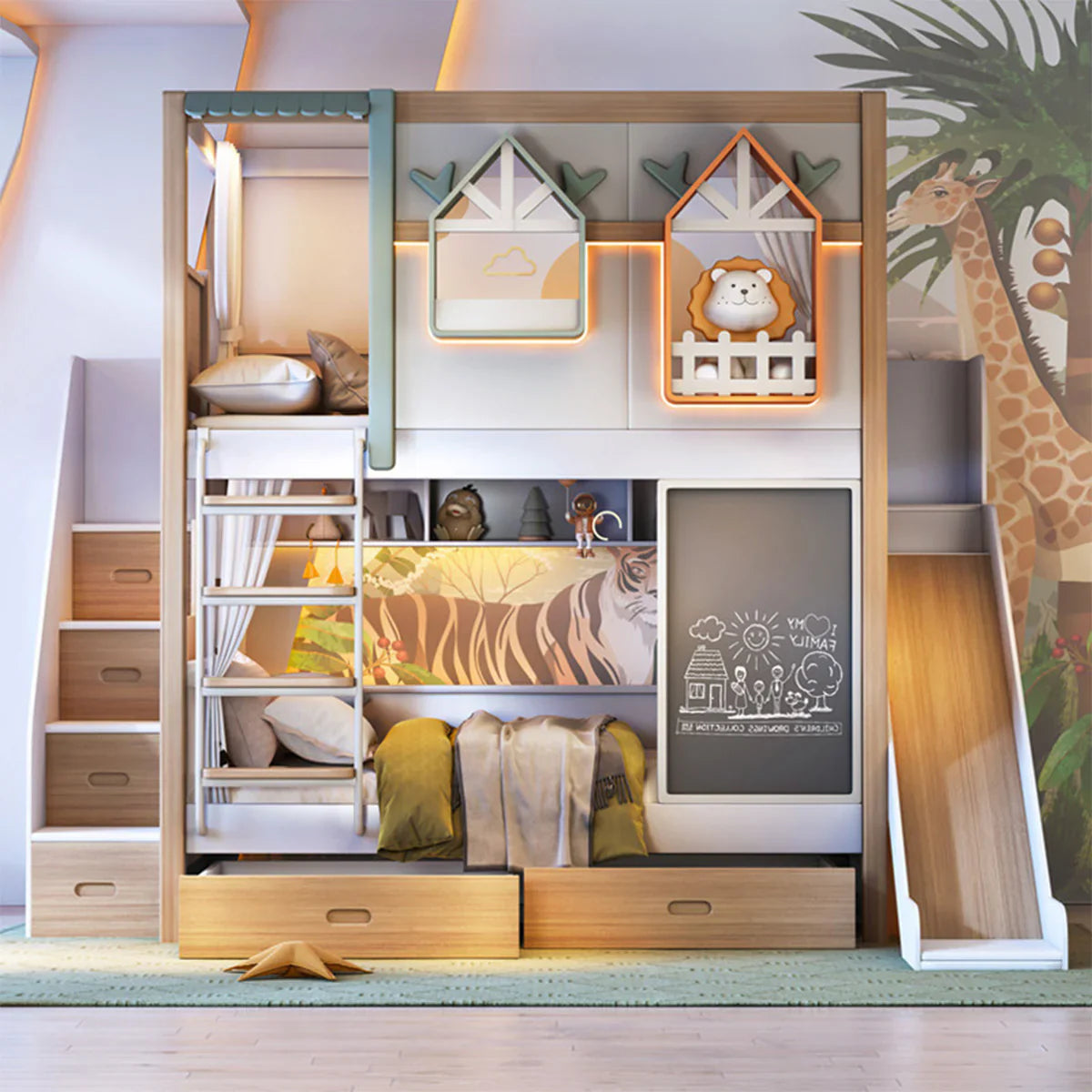 【厚手無垢材二段ベッド】安定性・耐久性抜群 エコ素材・全周安全柵付き 無垢材はしご 子供部屋用安全ベッド

