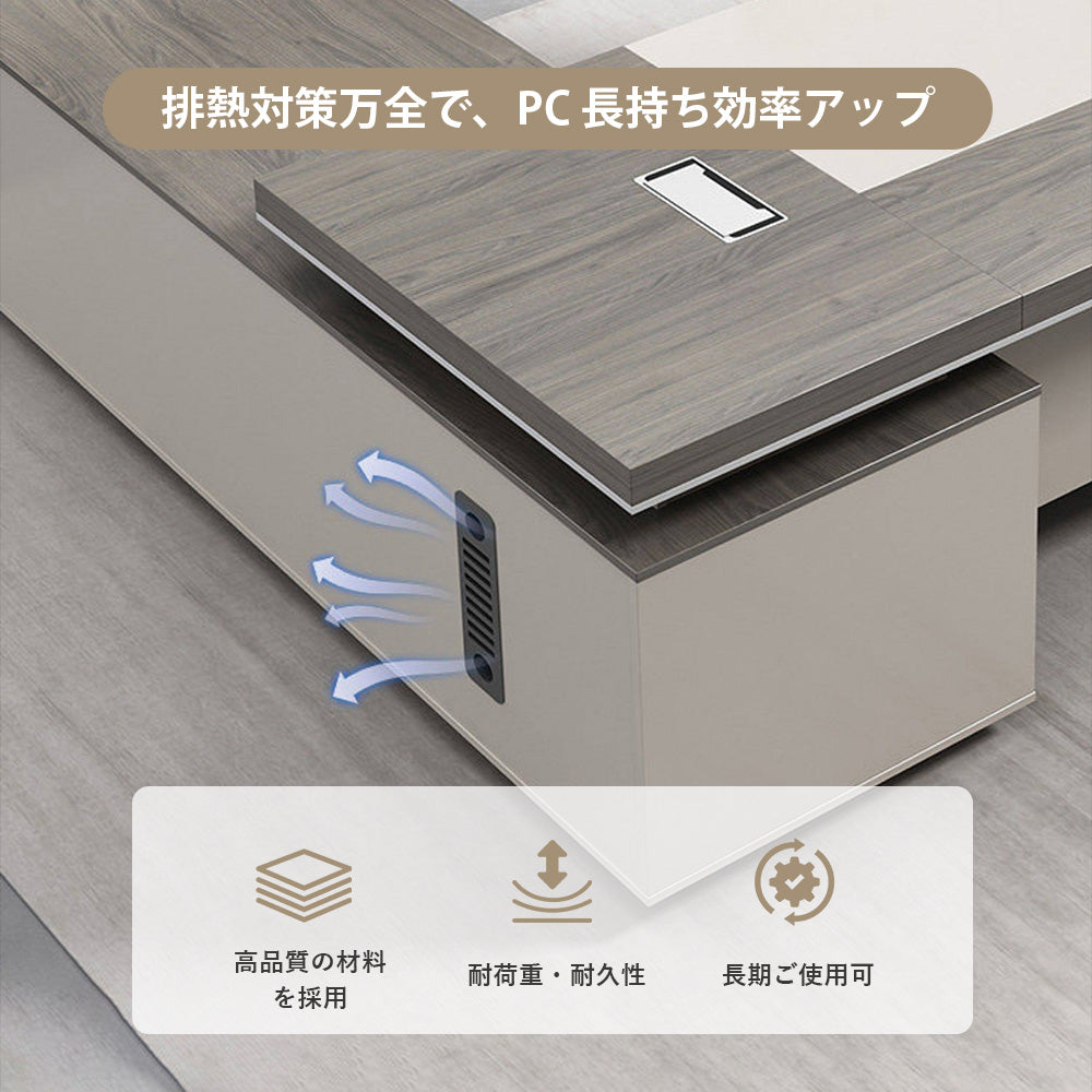 【エグゼクティブデスク】天板厚58mm・高耐荷重500kg L字型 多機能サイドキャビネット付 選べる5サイズ・書棚セット可