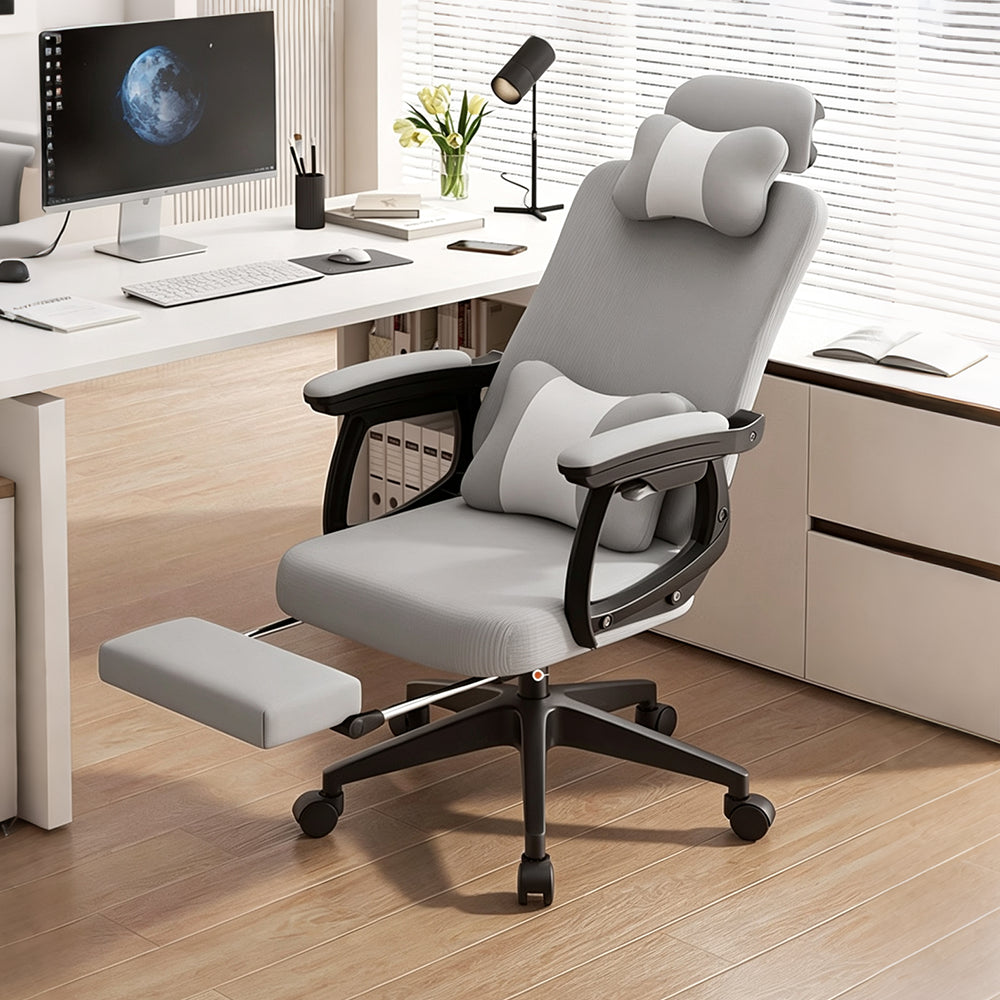【オフィスチェア】リクライニング機能付き フットレスト付き メッシュ生地 ヘッドレスト・腰枕付き 2 色展開