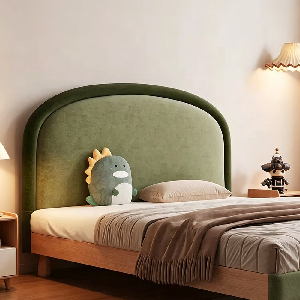 【ベッド】柔らかクッションヘッド 角丸安全設計 肌触りの良い布張り 天然木脚 シングル  bed-z01