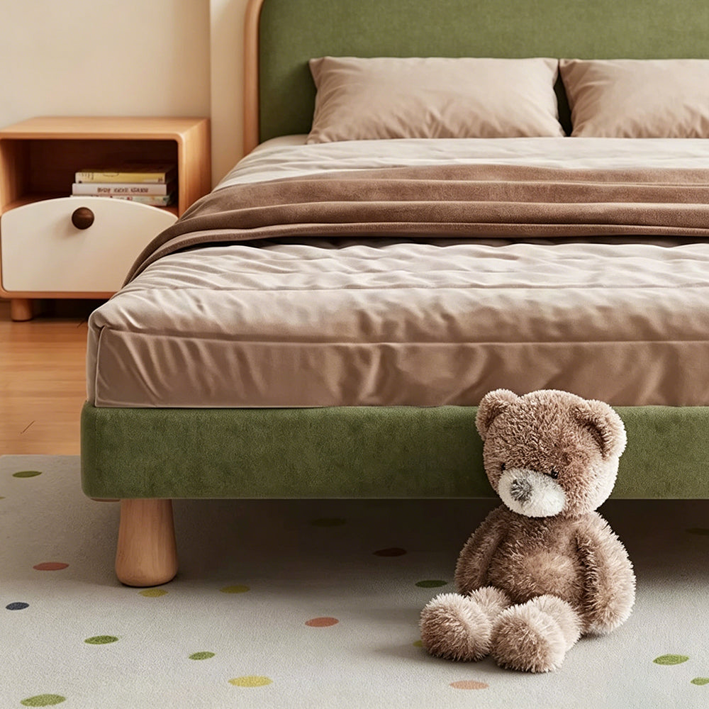 【ベッド】柔らかクッションヘッド 角丸安全設計 肌触りの良い布張り 天然木脚 シングル  bed-z01