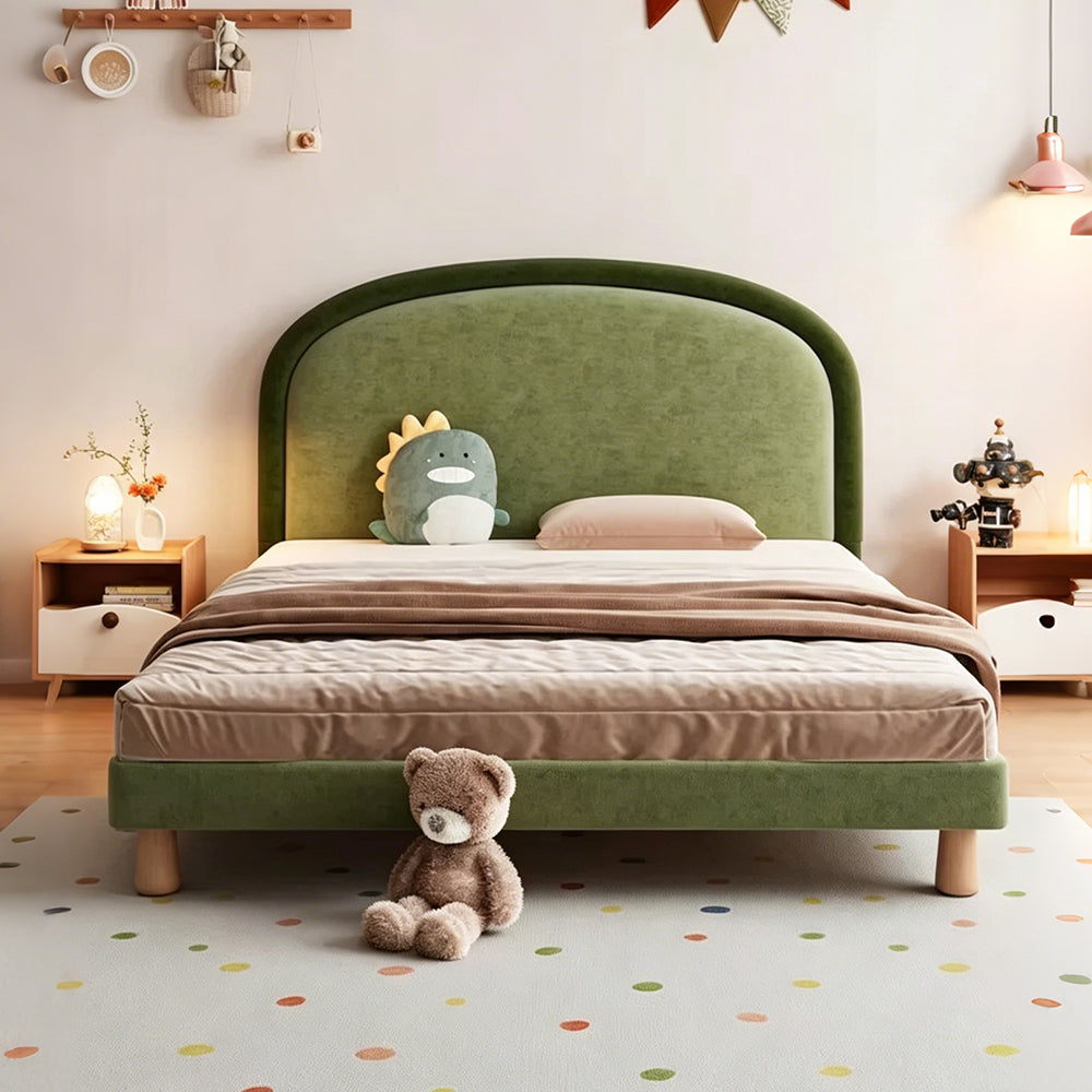 【ベッド】柔らかクッションヘッド 角丸安全設計 肌触りの良い布張り 天然木脚 シングル  bed-z01