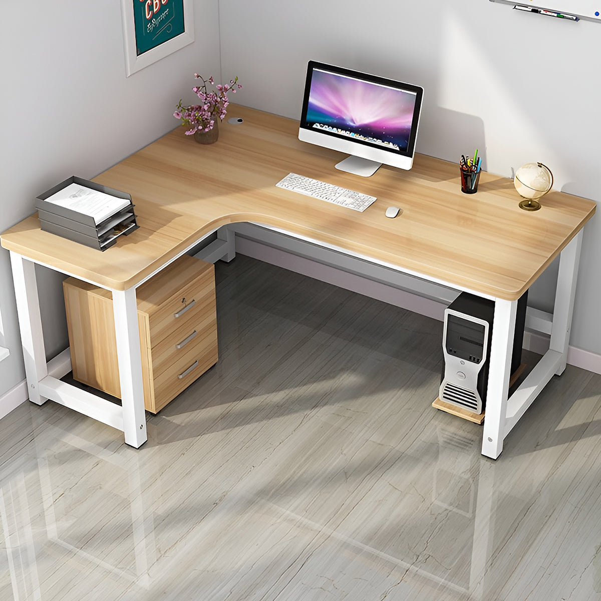 L字型天板　広め　ゆとり　配線孔　スチールフレーム　安定性　メラミン化粧板　頑丈　Ｒ仕上げ　デスク　パソコンデスク　作業用　シンプル　実用　モダン　ウォールナット　ブラック　BGZ-K-120-kc