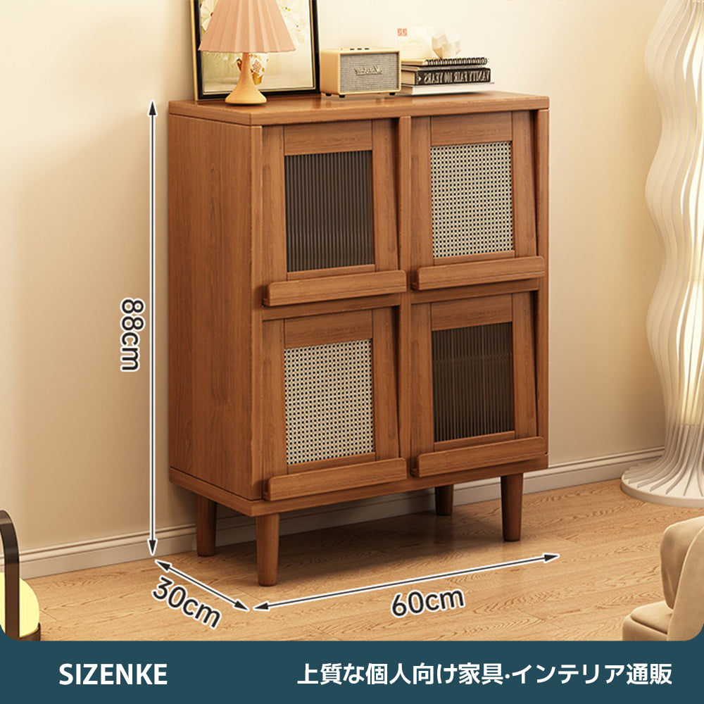 【キャビネット・飾り棚】サイドボード 木製 レトロ調 跳ね上げ式扉 フラップ扉 アクリル ラタン 藤編み マガジンラック ディスプレイ 収納棚 2列/3列/4列/5列 オープン収納（ブラウン 幅60cm/90cm/119cm/150cm×奥行30cm×高さ88cm）