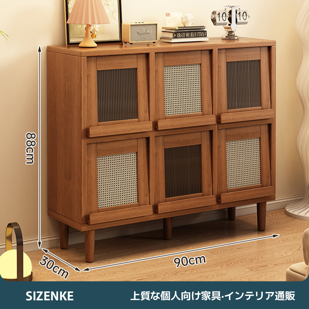 【キャビネット・飾り棚】サイドボード 木製 レトロ調 跳ね上げ式扉 フラップ扉 アクリル ラタン 藤編み マガジンラック ディスプレイ 収納棚 2列/3列/4列/5列 オープン収納（ブラウン 幅60cm/90cm/119cm/150cm×奥行30cm×高さ88cm）