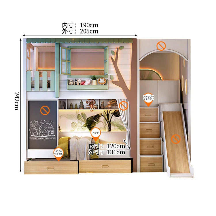 【無垢材二段ベッド】太い角柱・全囲みガード設計 エコ素材採用 耐荷重・安定性抜群 子供部屋用安全ベッド