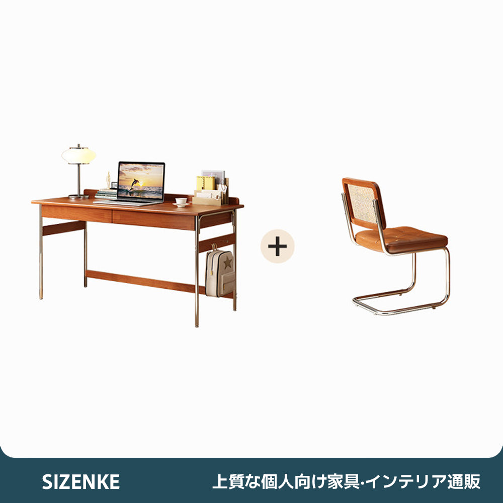 【デスク】天然木ゴムノキ×ステンレス脚 落下防止ガード付き 選べる4つの組み合わせ・3サイズ